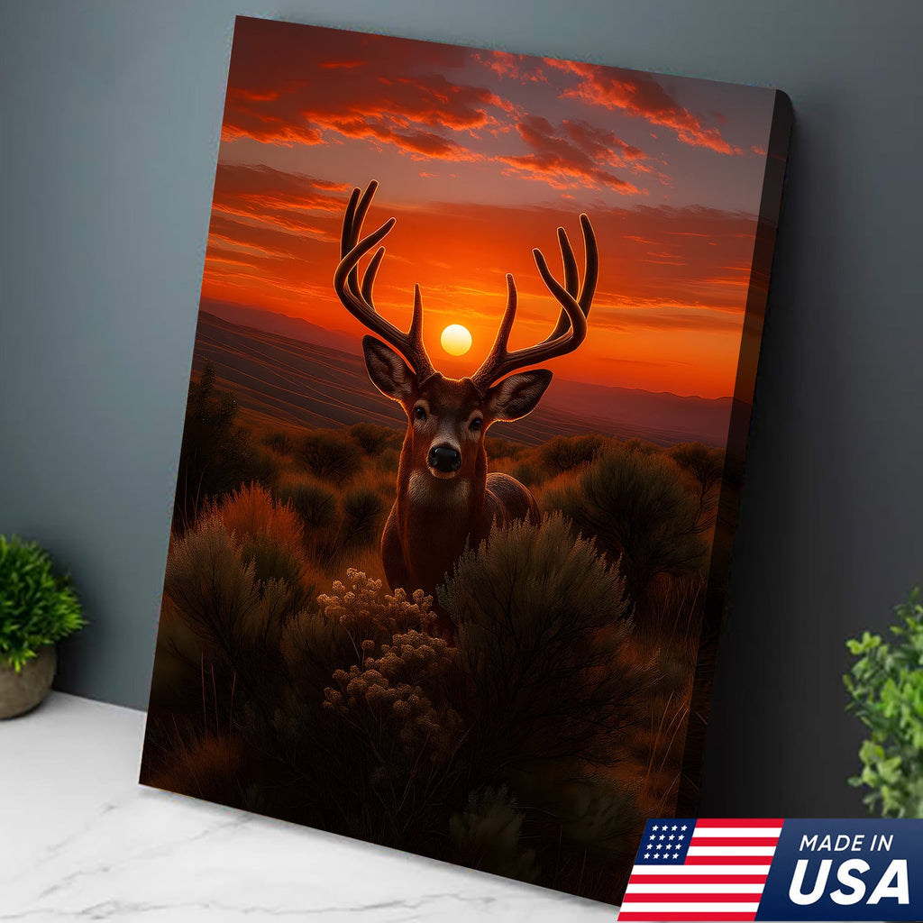 Deer Sunset Canvas Wall Art, Majestic Buck Silhouette in Orange Sky