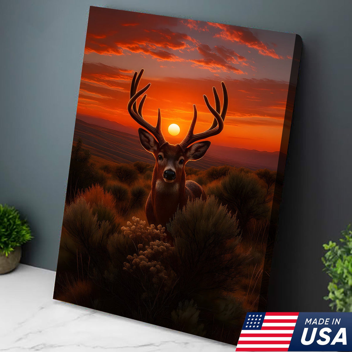 Deer Sunset Canvas Wall Art, Majestic Buck Silhouette in Orange Sky