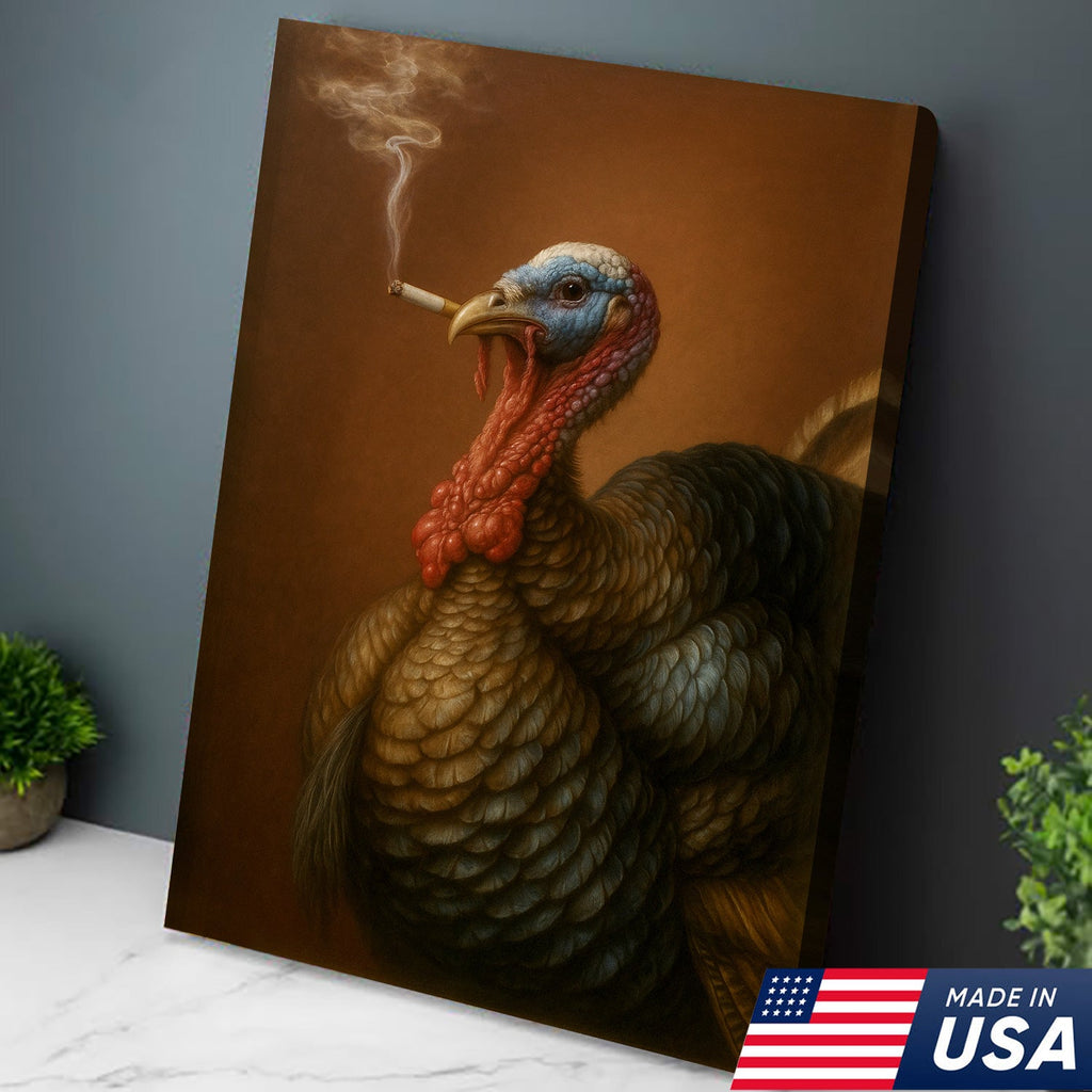 Funny Turkey Smoking Canvas Wall Art – Rustic Farmhouse Gift for Hunters & Wildlife Lovers