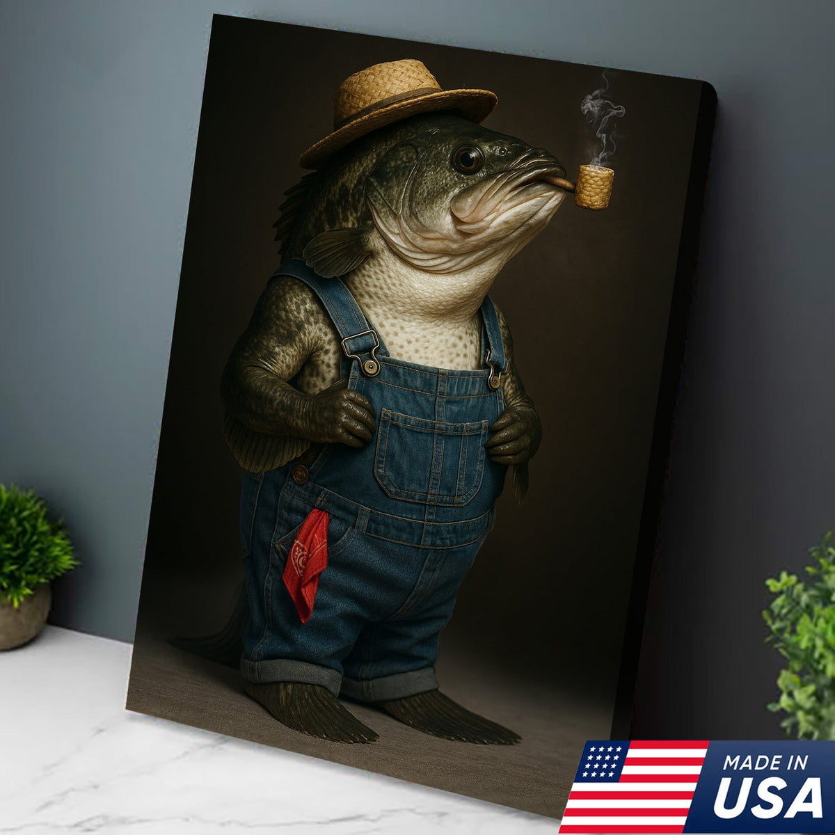 Funny Fisherman Bass Canvas, Rustic Fishing Wall Art, Humorous Country Fish Lover Decor