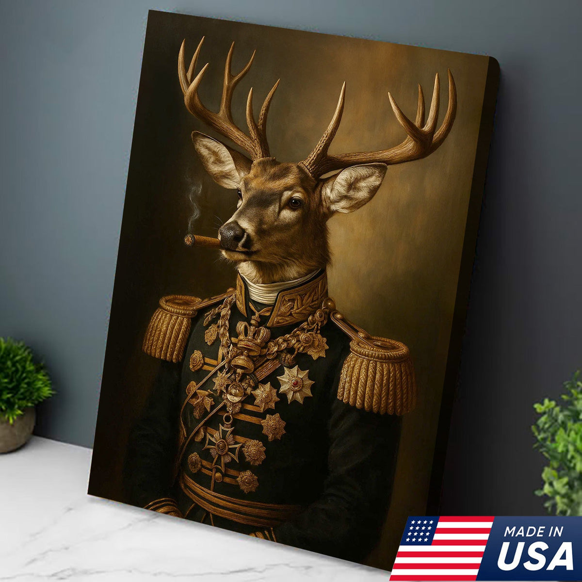 Royal Deer Portrait Canvas Wall Art, Elegant Animal Dressed in Military Uniform, Vintage Noble Stag Artwork