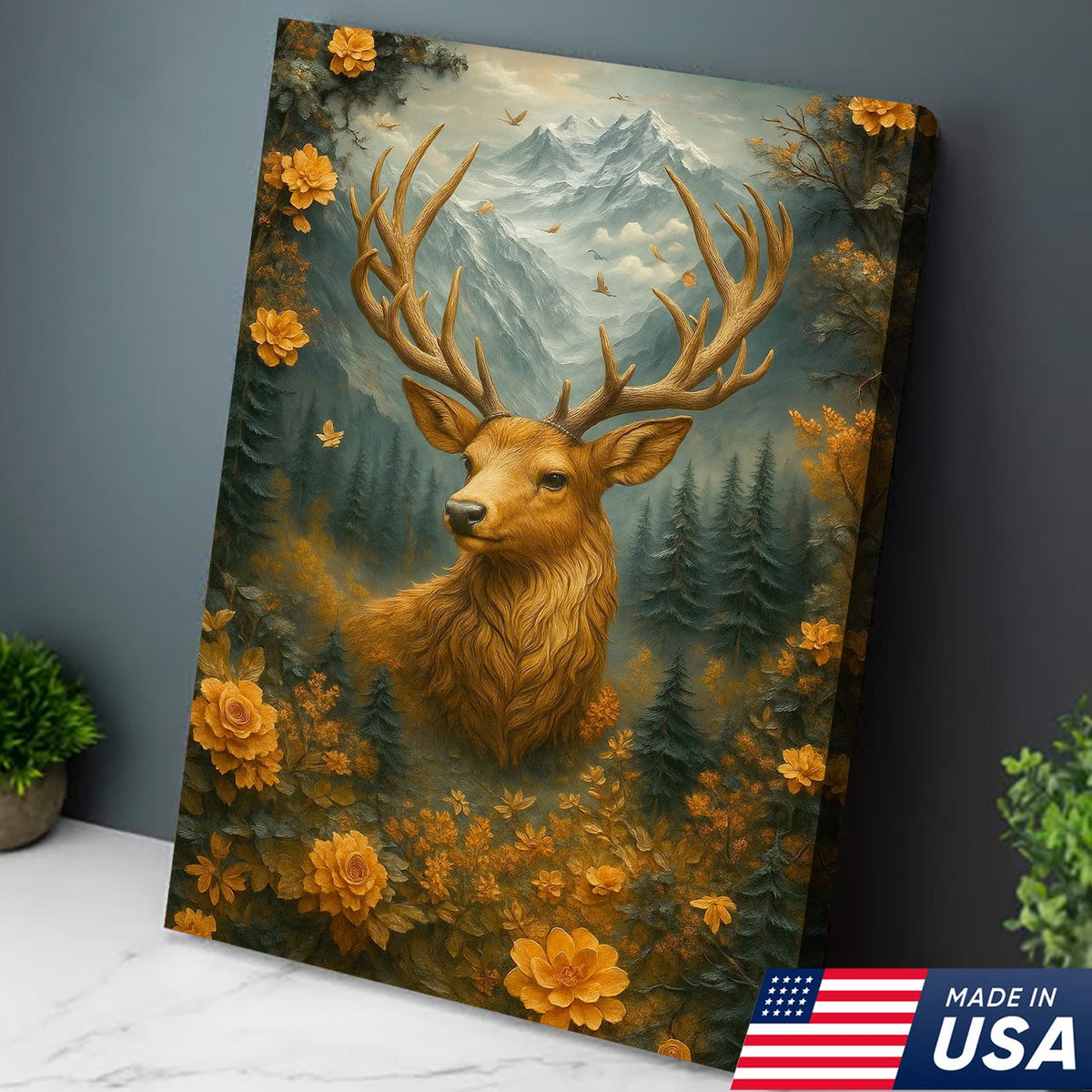 Floral Mountain Stag Canvas Wall Art, Woodland Deer with Antlers, Rustic Cabin Nature Decor