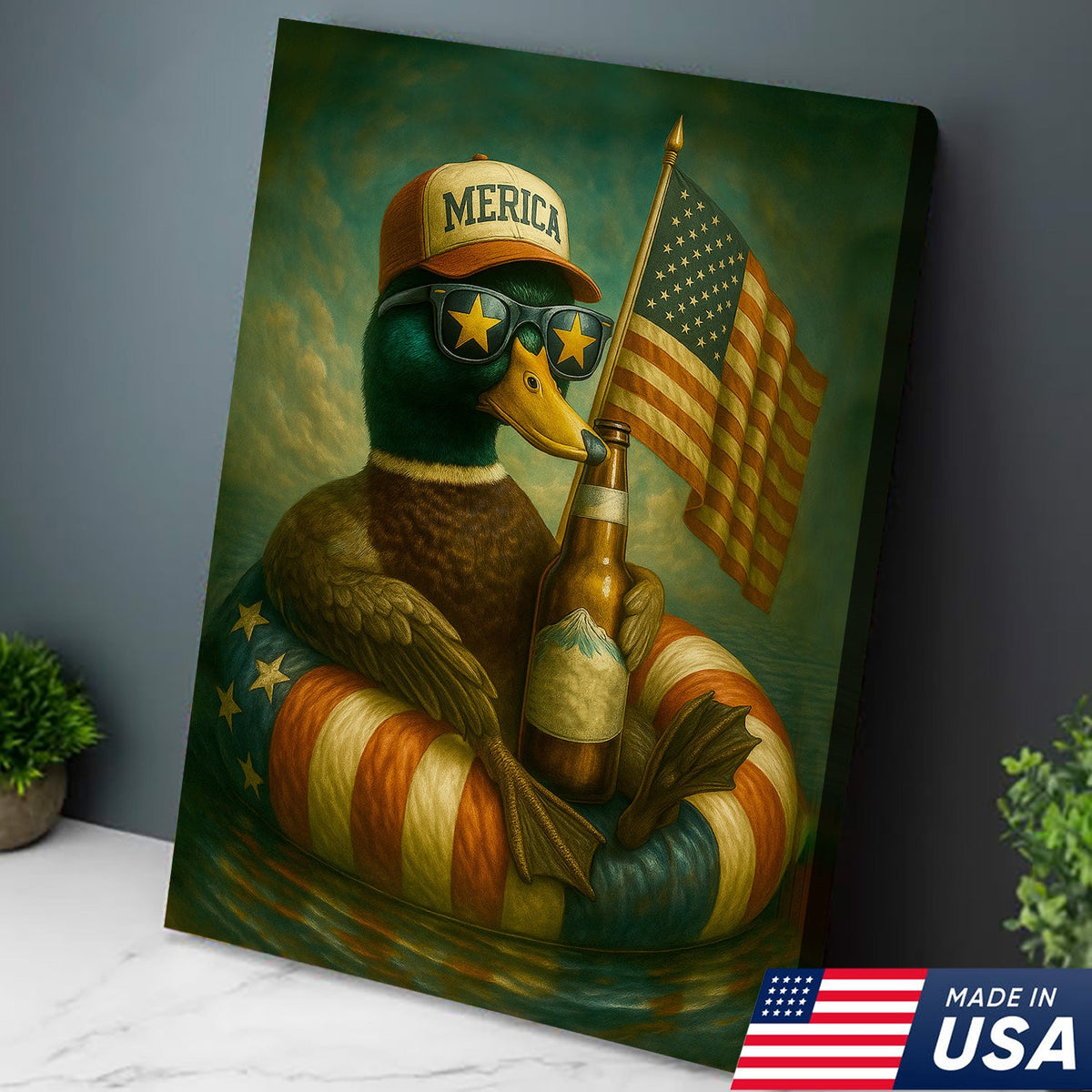 Funny Patriotic Duck Canvas Wall Art – Rustic American Flag Decor Gift for Hunters & Beer Lovers
