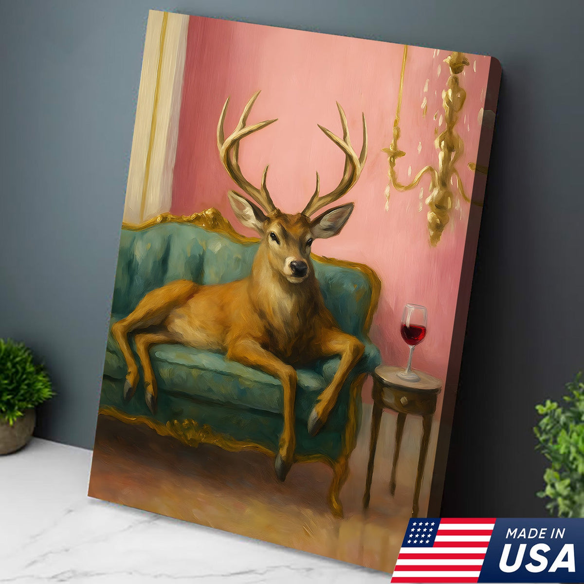 Funny Deer Chill On The Sofa Canvas Wall Art – Elegant Deer Drinking Wine Canvas