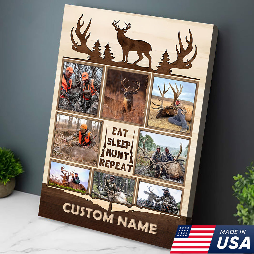 Personalized Hunting Photo Collage Canvas, Deer Antler Wall Art, Custom Hunter Gift