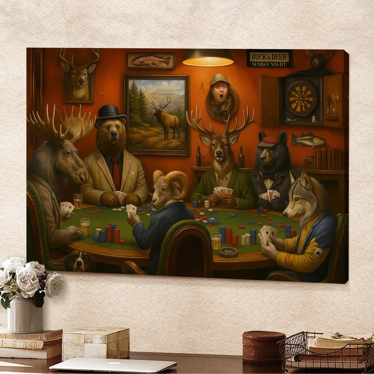 Animals Playing Poker Canvas Wall Art, Woodland Lodge Game Room Decor