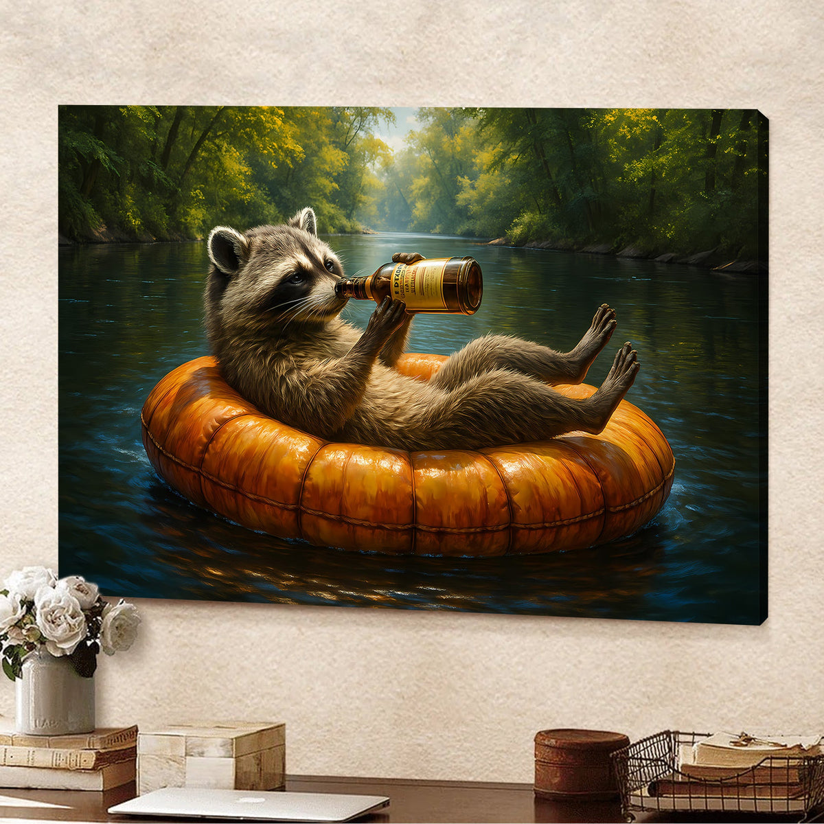 Funny Drunk Raccoon Canvas Wall Art – Chill Gift for Men, Husband, or Hunter, Rustic Cabin Decor