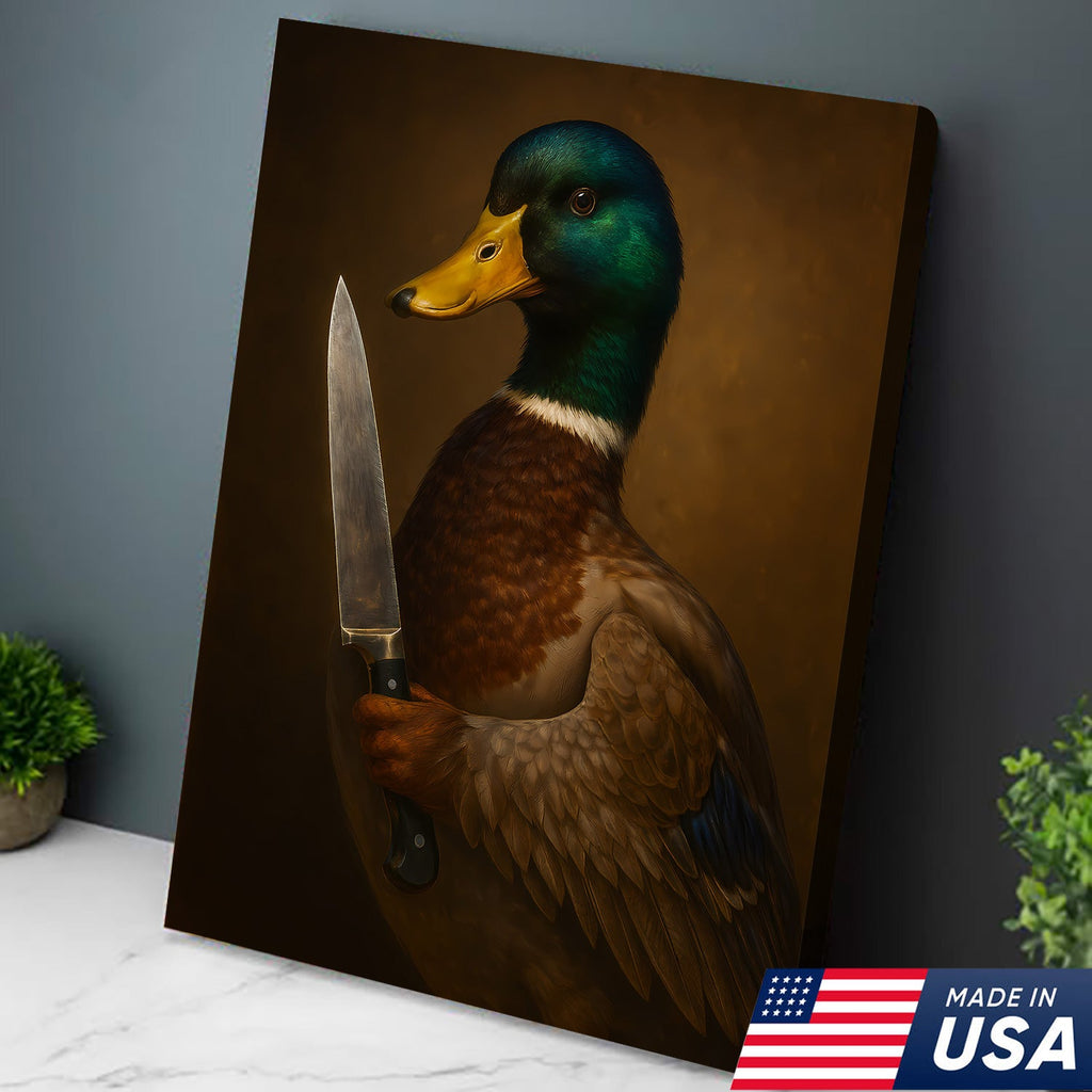 Funny Duck With Knife Wall Art – Mallard Portrait Painting, Dark Humor Animal Canvas