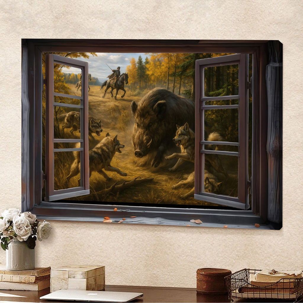 Epic Wild Boar Hunting Scene Wall Art - Wolves & Hunters 3D Canvas for Cabin & Lodge Decor