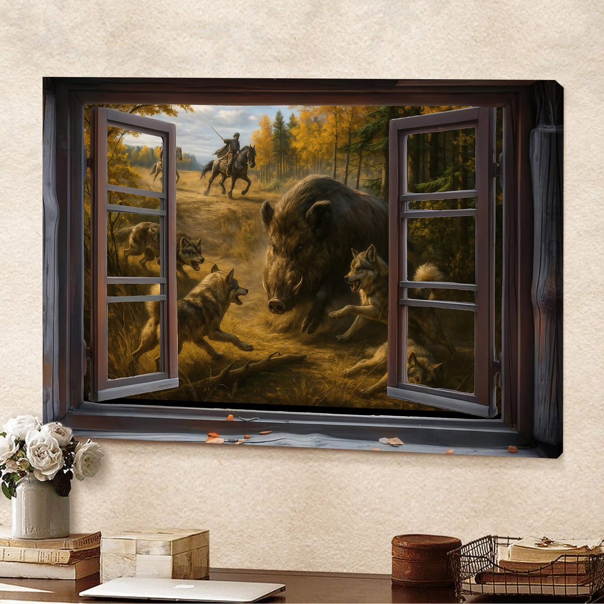 Epic Wild Boar Hunting Scene Wall Art - Wolves & Hunters 3D Canvas for Cabin & Lodge Decor