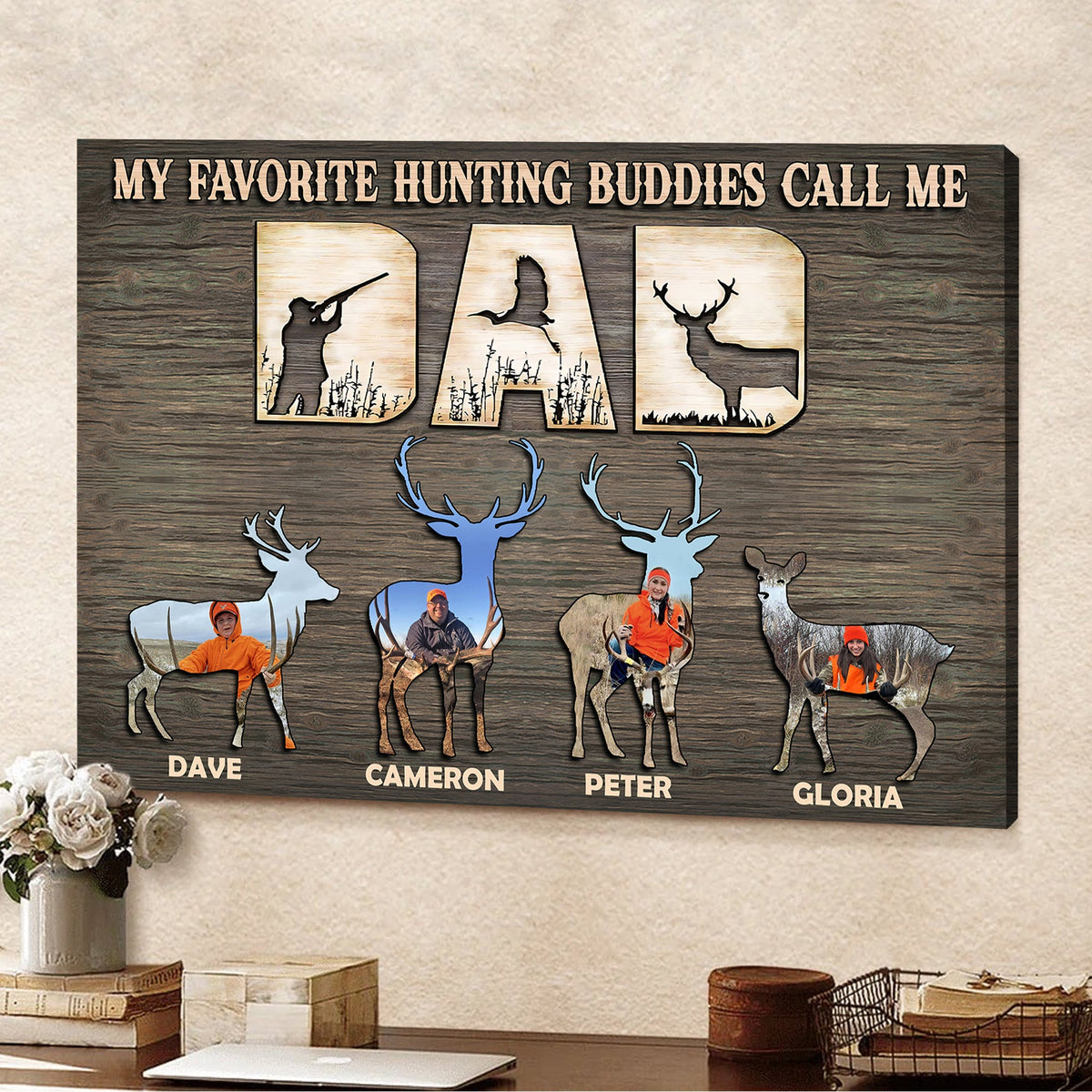 Personalized Hunting Dad Photo Wall Art Canvas - Custom Deer Family Name Plaque