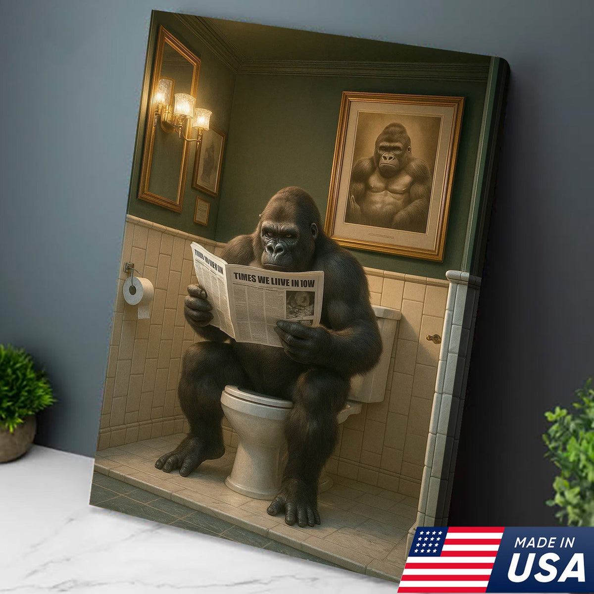 Funny Gorilla Bathroom Wall Art Canvas, Toilet Humor Decor for Men’s Restroom