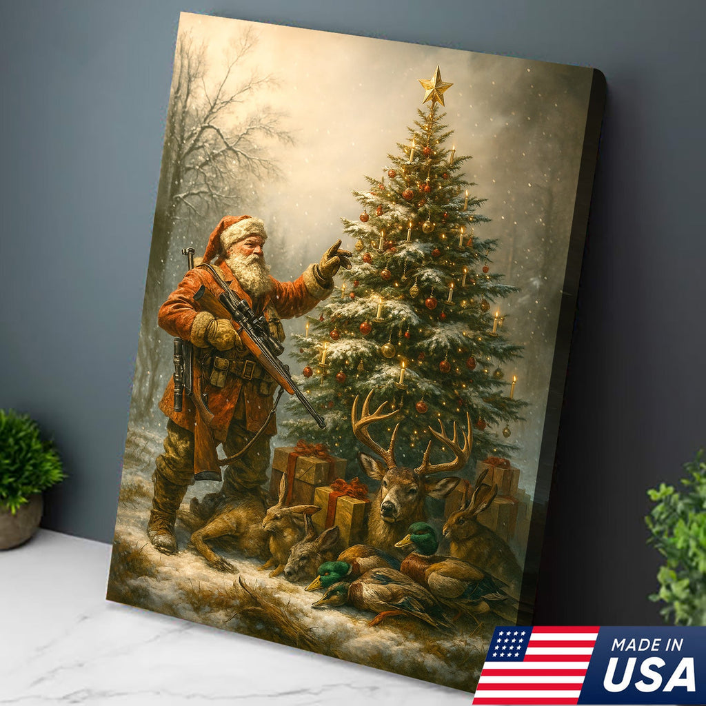 Santa Hunter Christmas Wall Art – Rustic Holiday Canvas for Cabin, Farmhouse & Hunter Decor