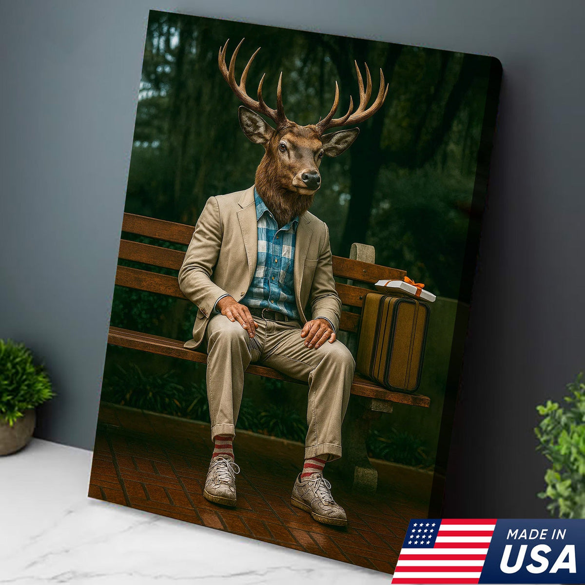 Funny Deer Canvas Wall Art – Buck Sitting on Bench – Whitetail Deer Hunting Lodge Decor