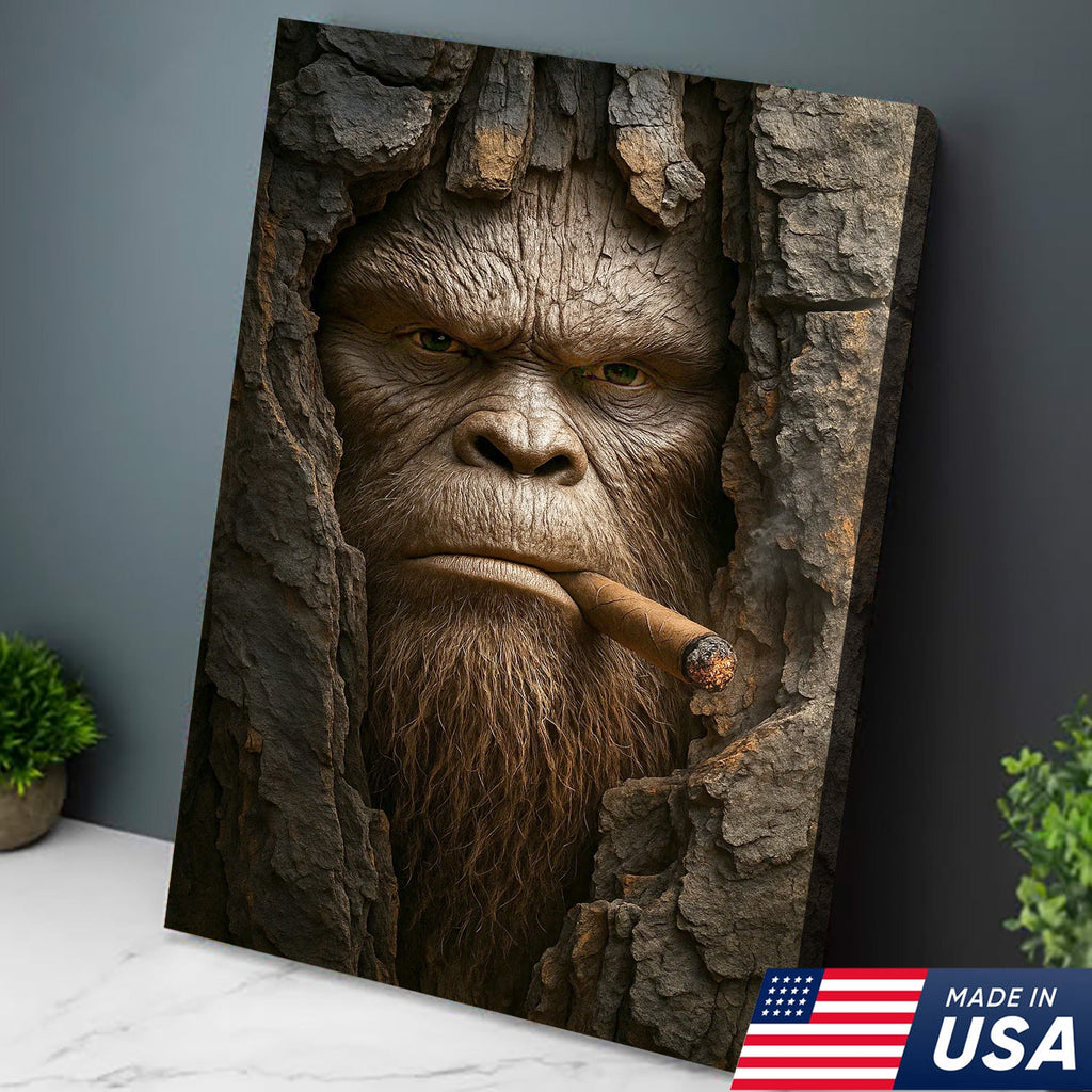 Bigfoot in the Woods Canvas Wall Art, Funny Sasquatch Portrait Artwork, Rustic Cabin Decor for Men