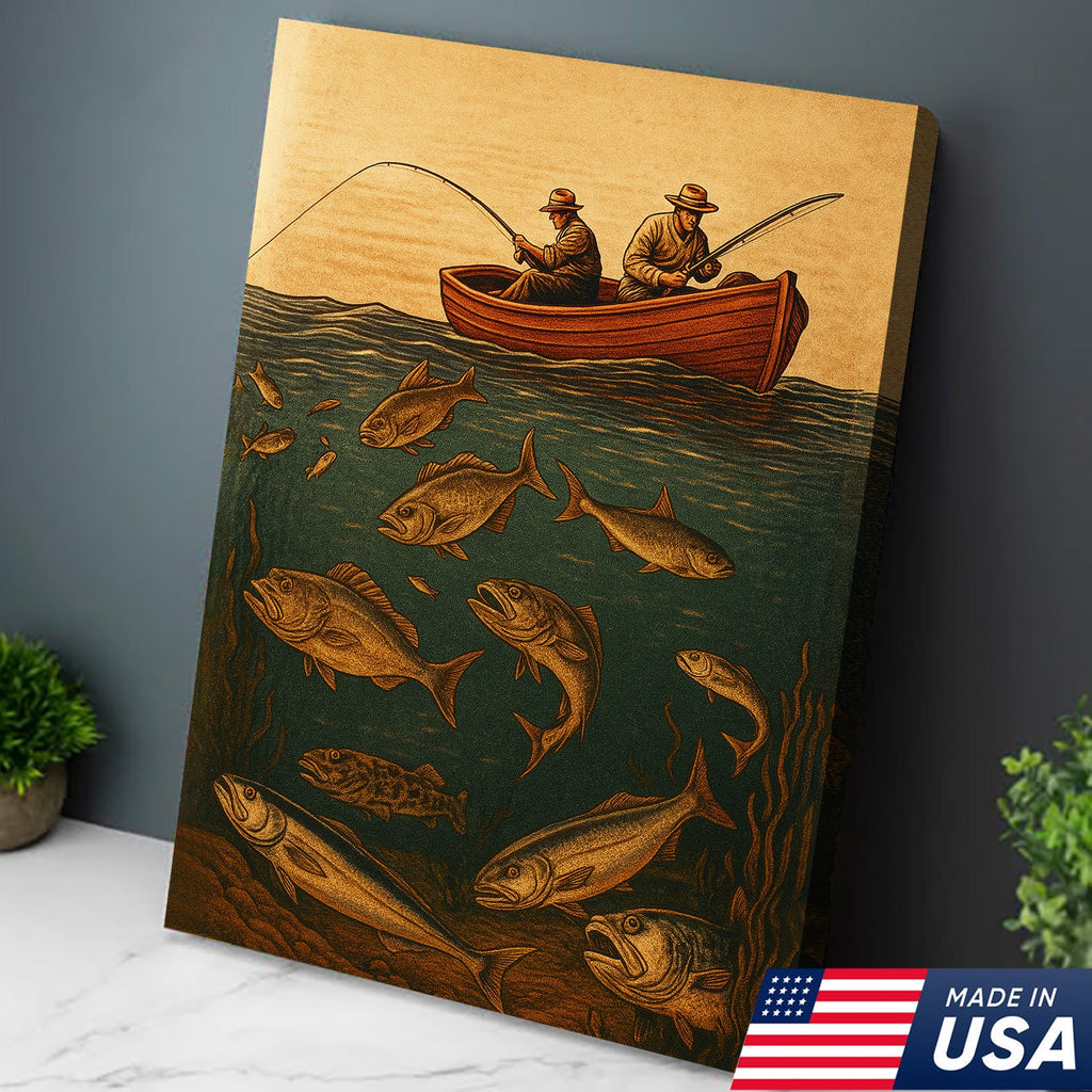 Vintage Fishermen Woodcut Wall Art – Retro Fishing Canvas Print