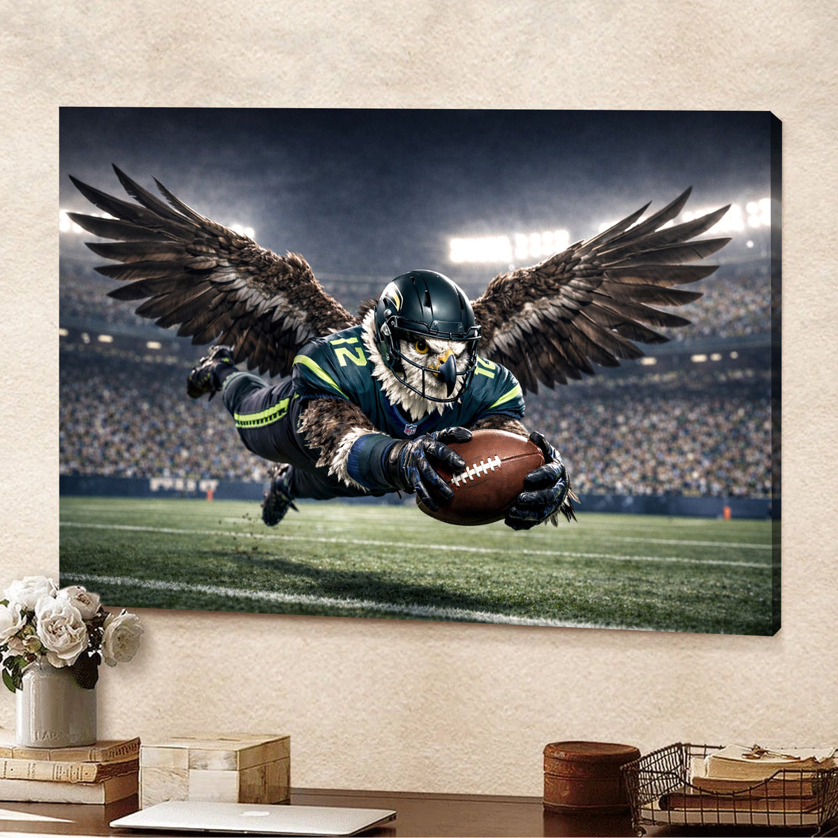Soaring Eagle Football Canvas Wall Art – Winged Athlete Diving Catch Stadium Print