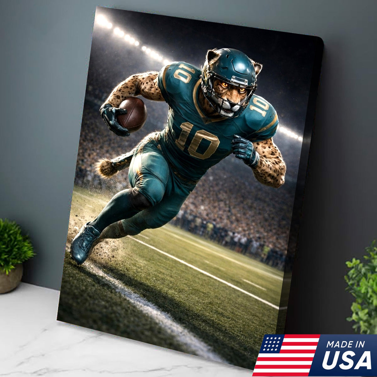 Fierce Cheetah Football Canvas Wall Art – Speed Hunter Athlete Stadium Action Print