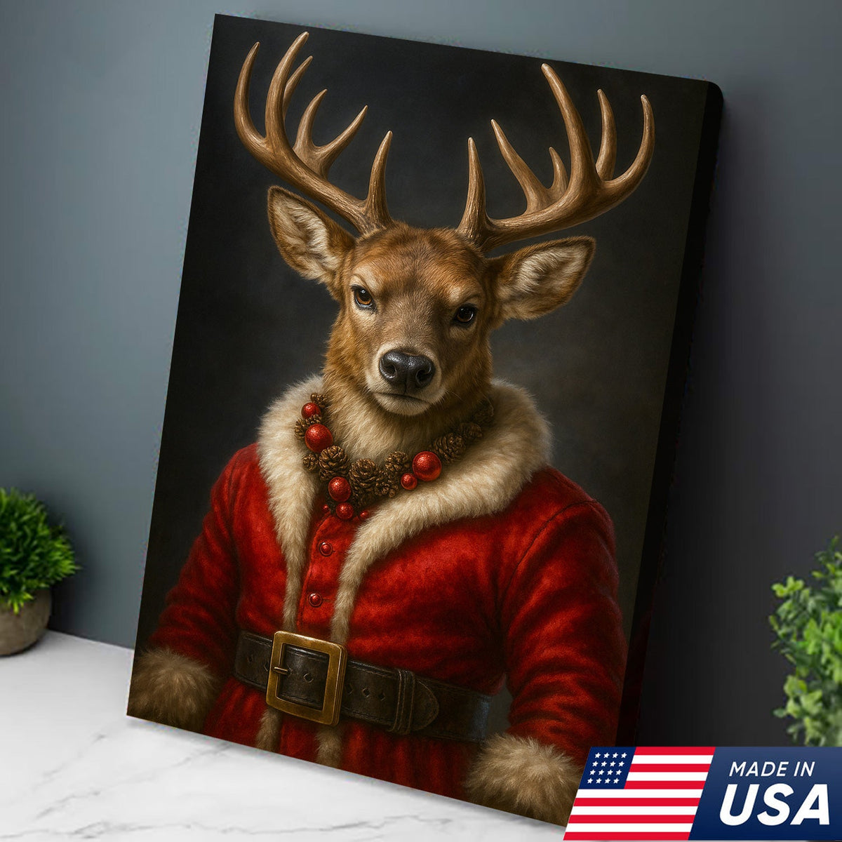 Vintage Christmas Deer Portrait Wall Art Canvas – Red Coat product image 2