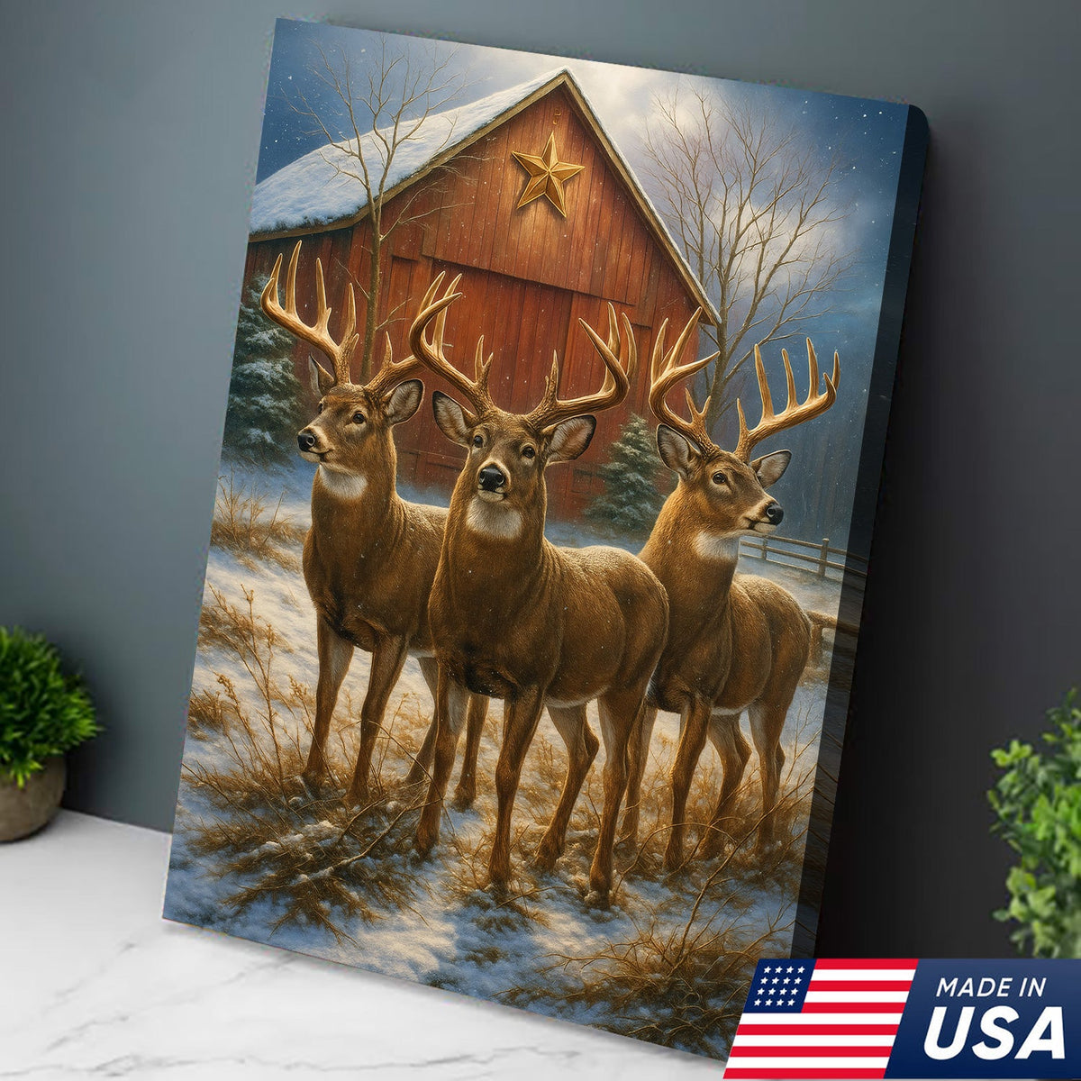 Deer Trio Winter Barn Canvas – Rustic Wildlife Wall Art Gift for Hunters, Nature & Christmas Lovers