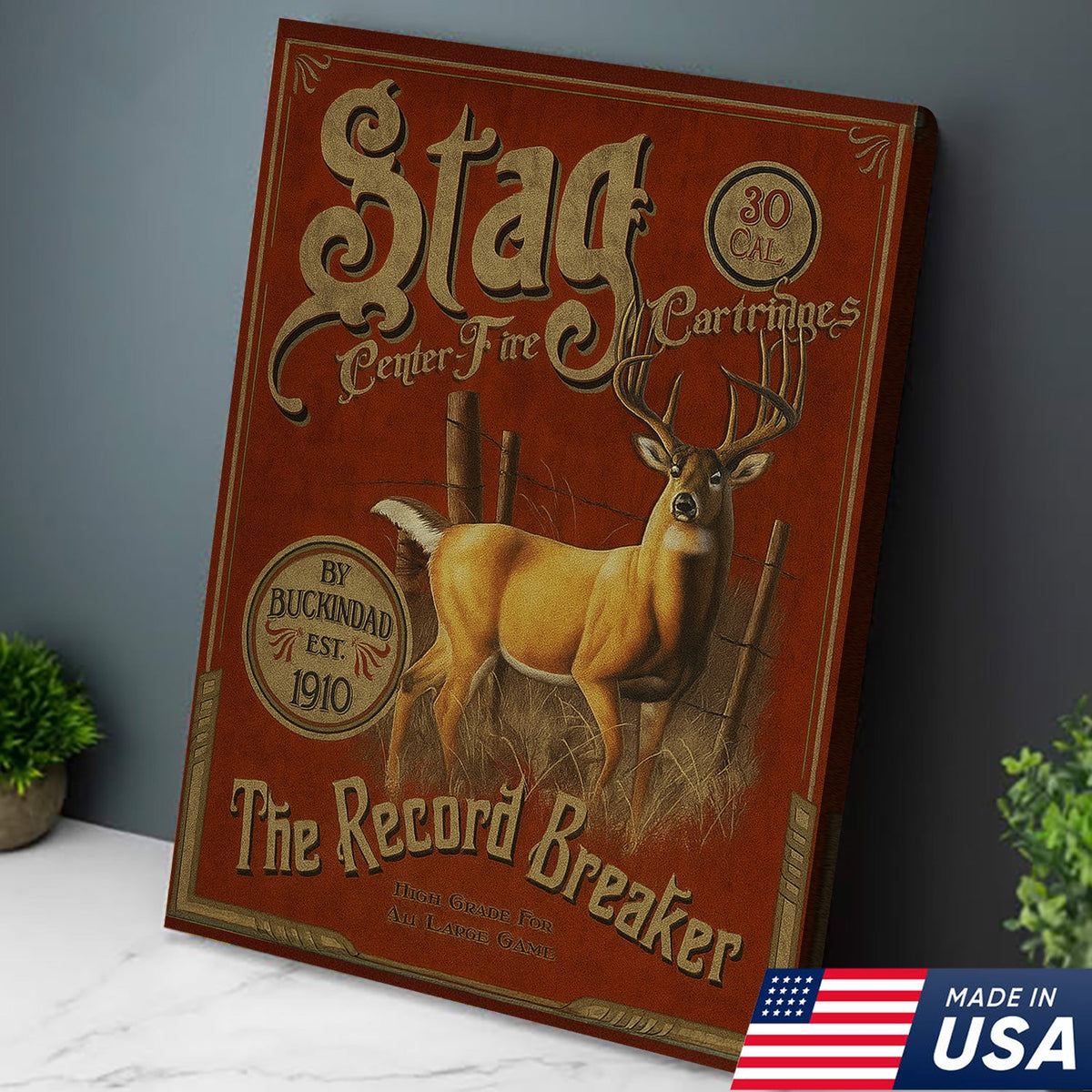 Vintage Stag Hunting Sign Canvas – “The Record Breaker” Deer Canvas Wall Art, Rustic Lodge Cabin Decor