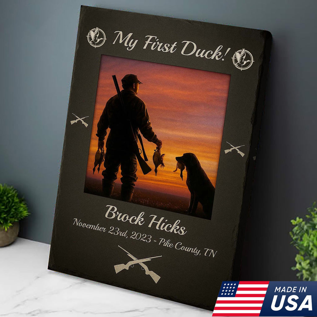 Custom My First Duck Wall Art Canvas, Personalized Duck Hunting Sunset with Dog