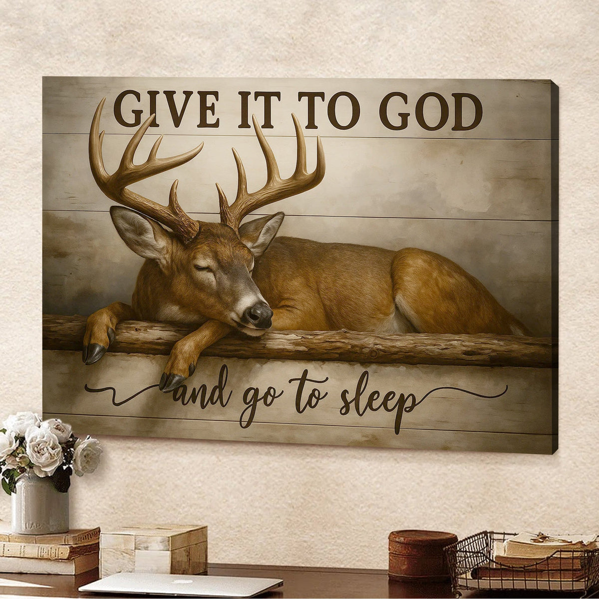 Faith Deer Canvas Art – Peaceful Sleeping Buck with Inspirational Quote