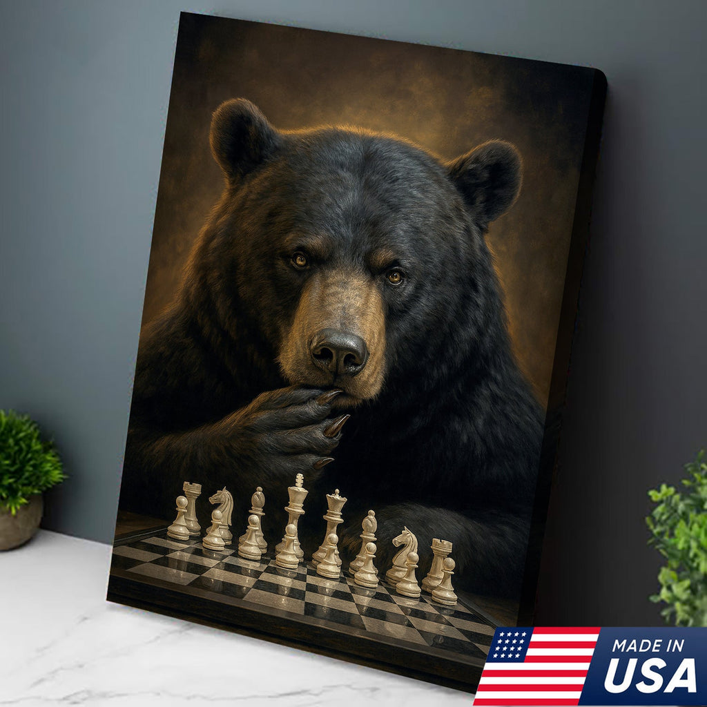 Chess Master Bear Wall Art Canvas – Strategic Bear Canvas Print for Man Cave & Smart Decor