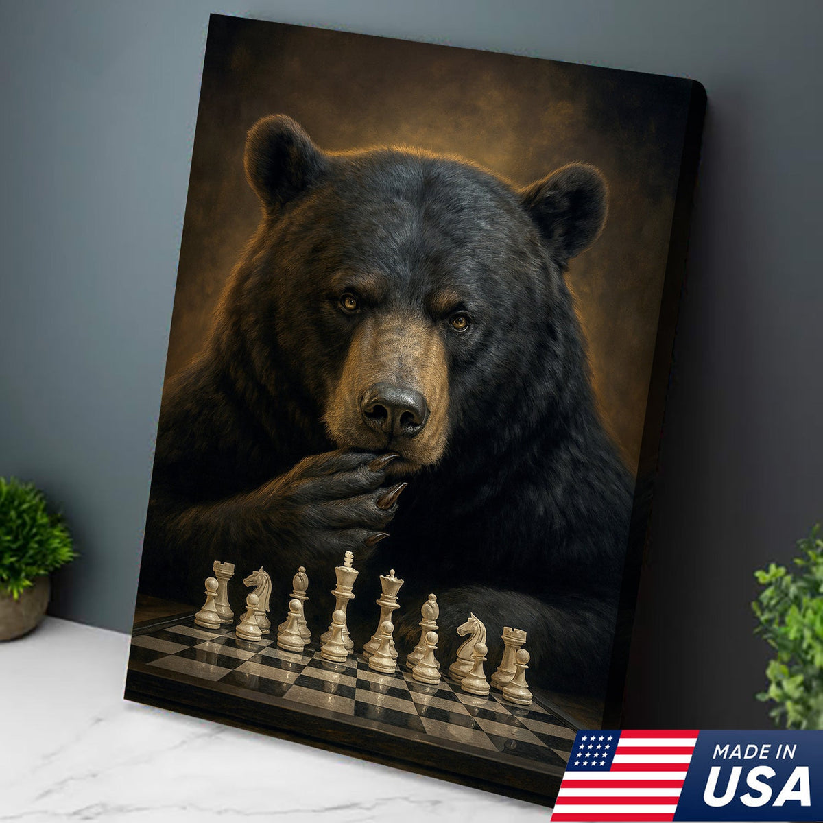 Chess Master Bear Wall Art Canvas – Strategic Bear Canvas Print for Man Cave & Smart Decor