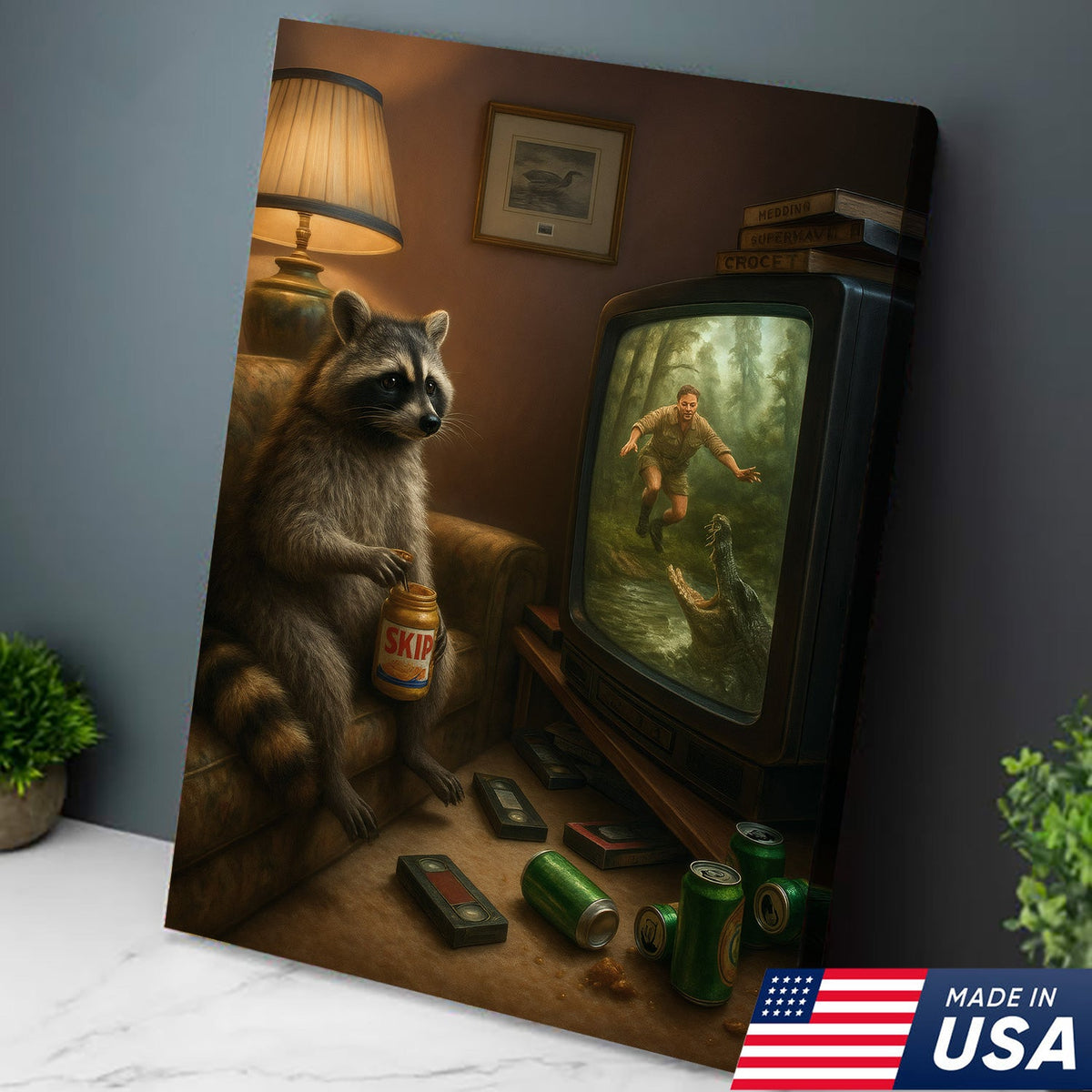 Funny Raccoon Watching TV Wall Art – Lazy Animal Painting, Wildlife Humor Canvas