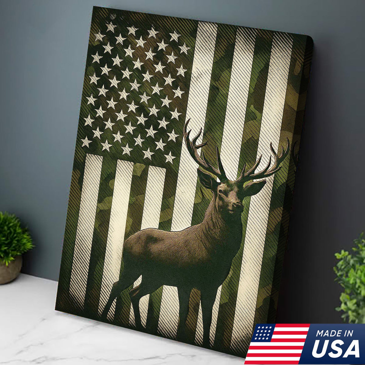 Patriotic Deer American Flag Canvas Wall Art, Camo USA Flag Buck Print