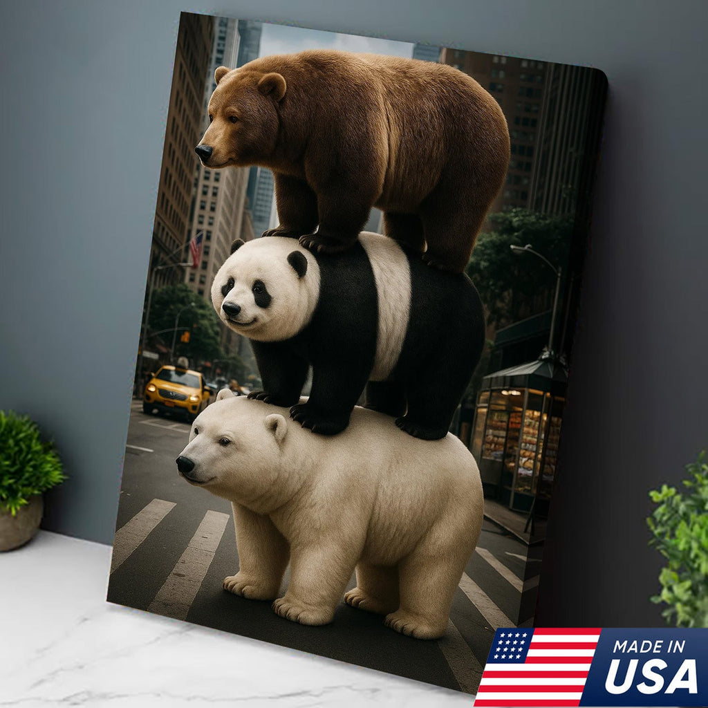 Bear Stack Canvas Wall Art, Cute Polar Panda Brown Bear in City Street Print