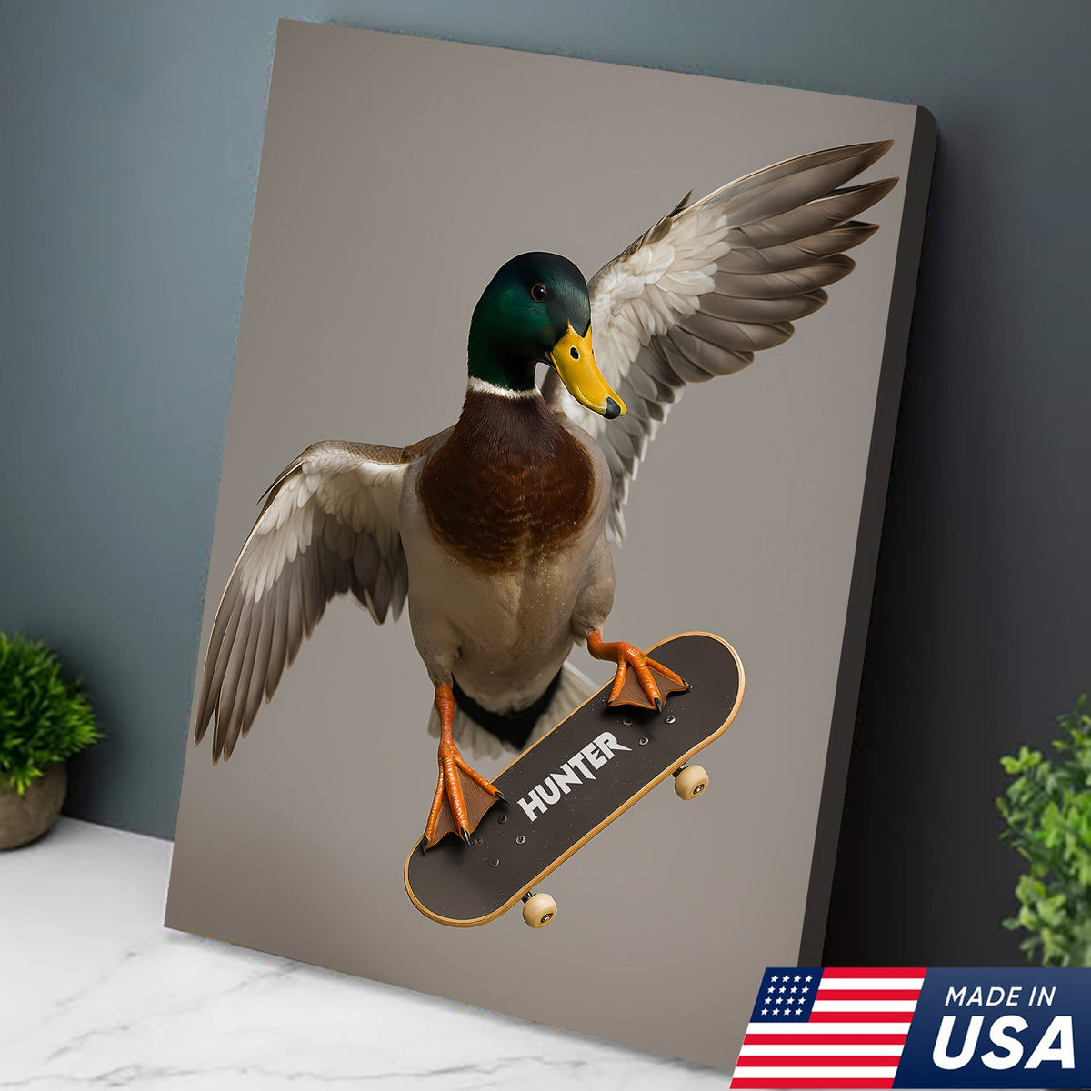 Funny Skater Duck Canvas, Cool Mallard Wall Art, Humorous Bird Lover Decor for Man Cave