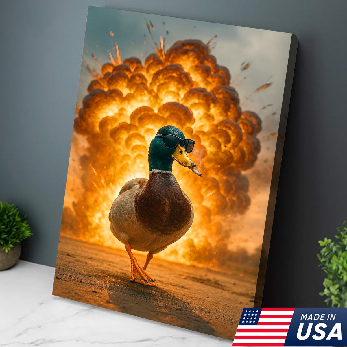 Cool Duck Walking from Explosion Canvas Wall Art, Funny Action Movie Style Decor for Man Cave