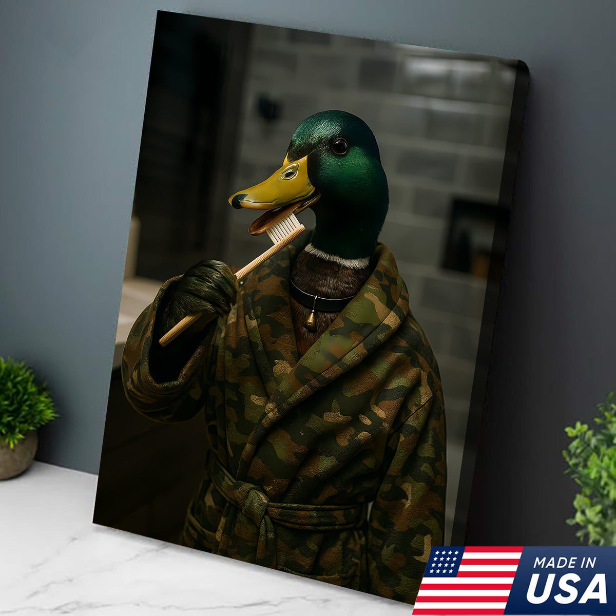 Funny Duck Brushing Teeth Canvas – Bathroom Wall Art for Men, Morning Routine Humor Decor