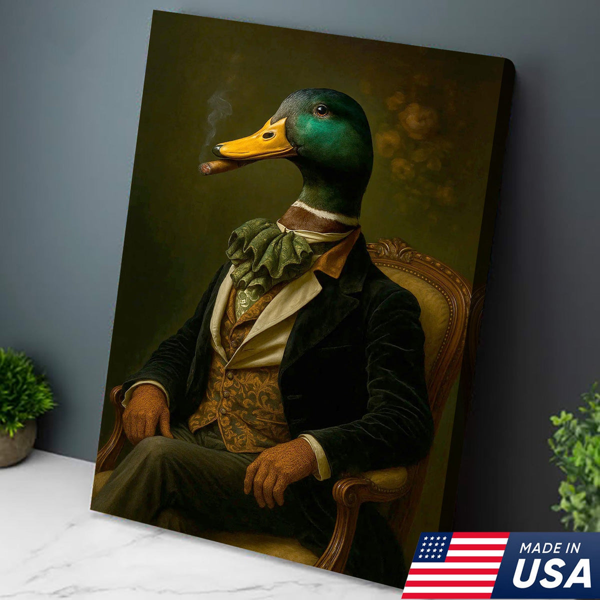 Vintage Duck Gentleman Portrait Canvas Wall Art, Regal Mallard in Suit Victorian Style Painting