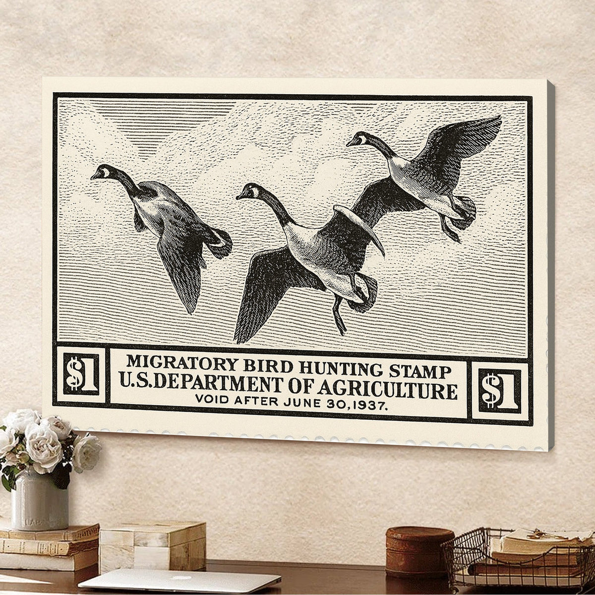 Vintage Migratory Goose Hunting Stamp Wall Art – Retro Duck Print Canvas for Hunters & Cabin Decor