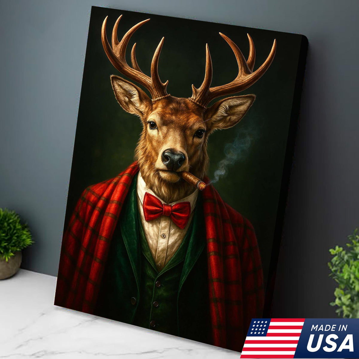 Smoking Deer Wall Art, Gentleman Buck Portrait, Rustic Cabin Decor, Funny Cigar Deer Print