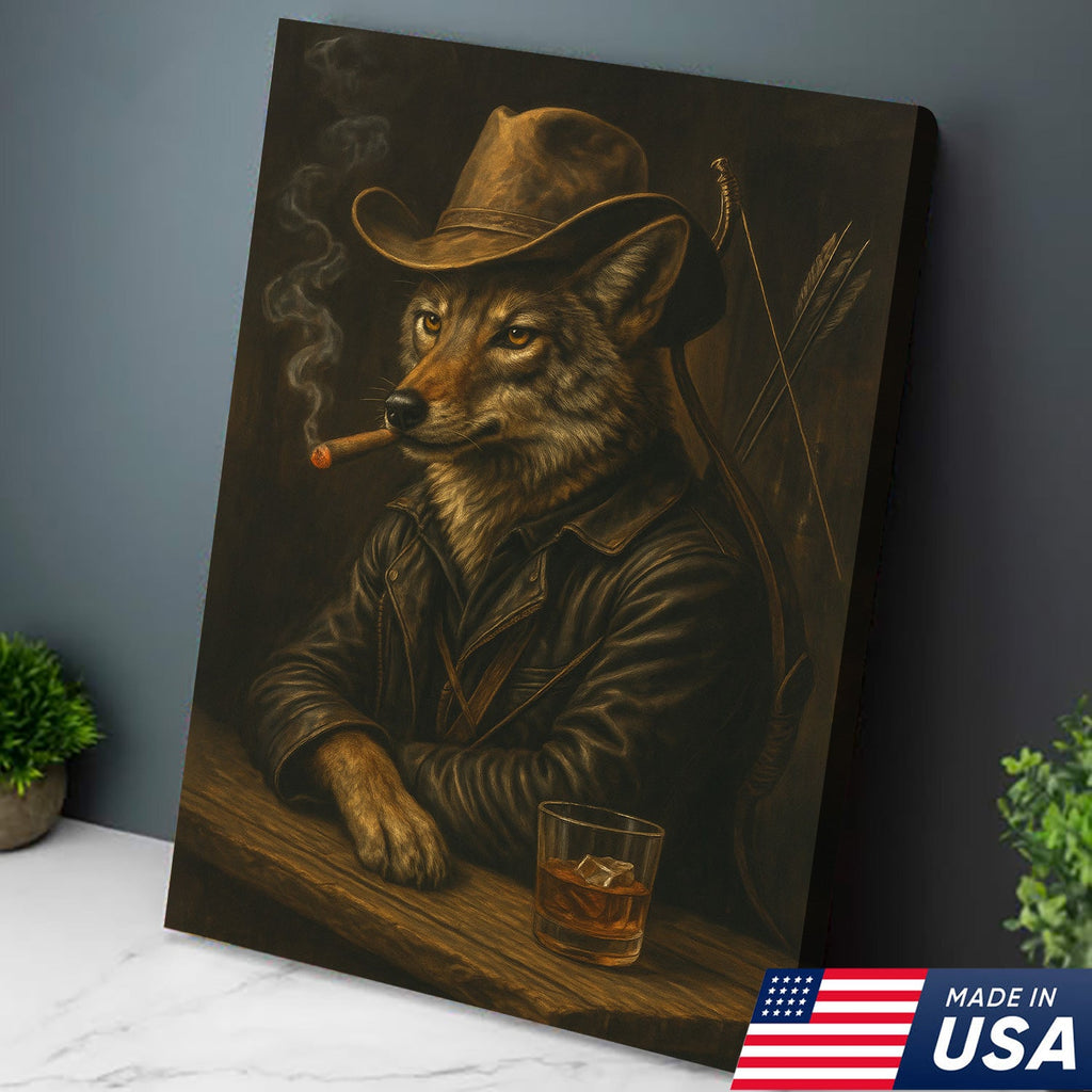 Coyote Cowboy Bar & Whiskey Canvas – Great Hunting Gift for Hunters & Rustic Western Decor