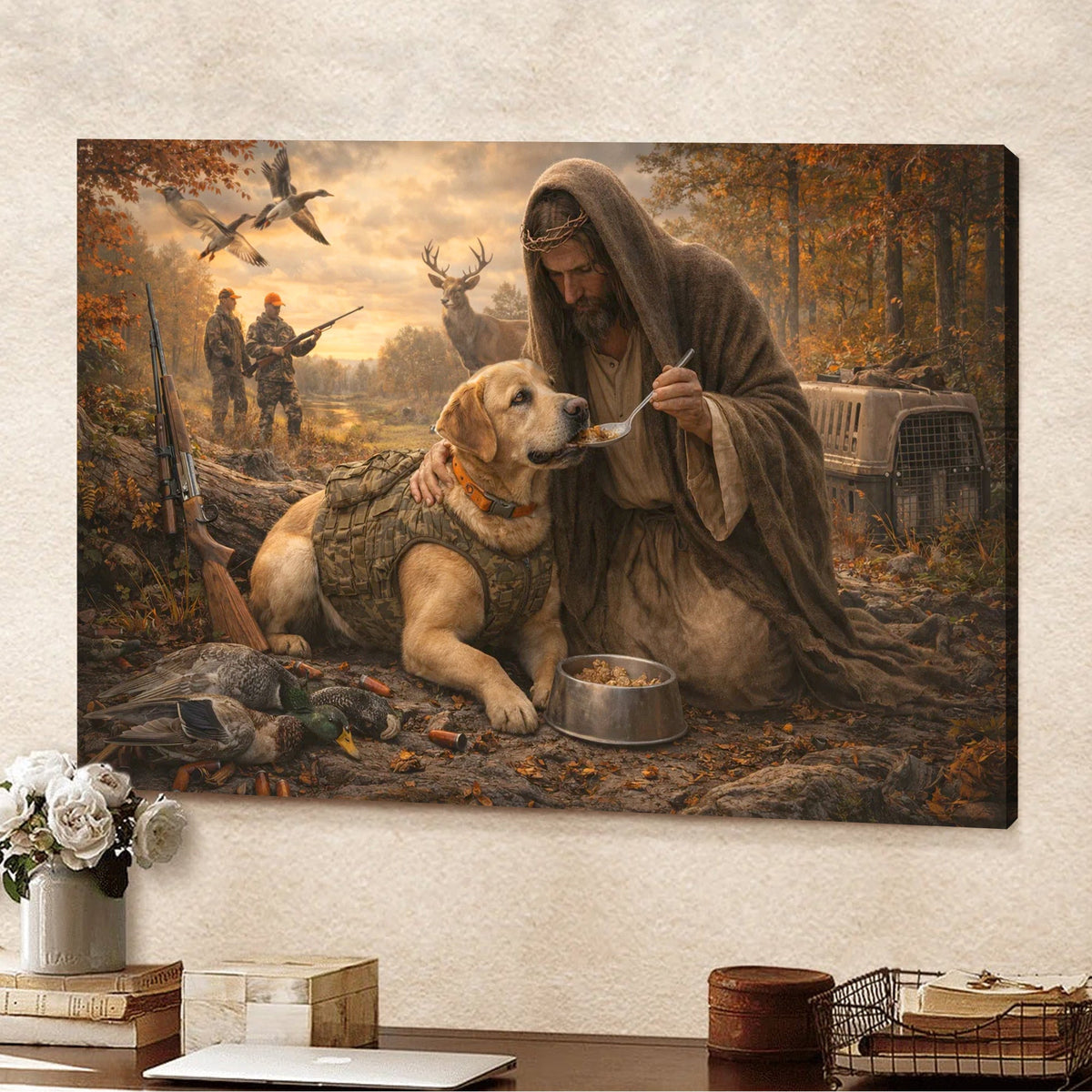 Jesus Hunting Dog Canvas, Christian Hunter Wall Art, Faith Outdoor Decor