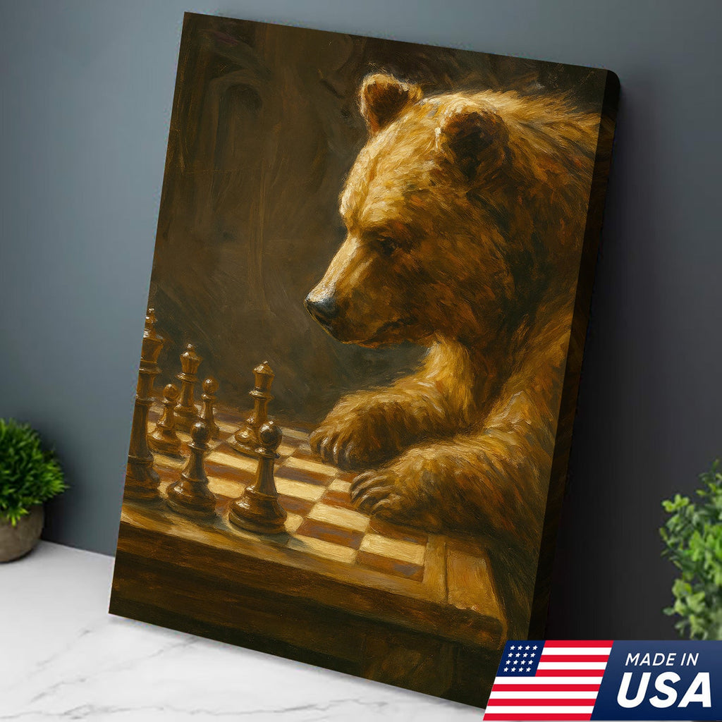 Rustic Bear Playing Chess Canvas Wall Art for Hunting Cabin or Lodge Decor, Wildlife Gift Idea