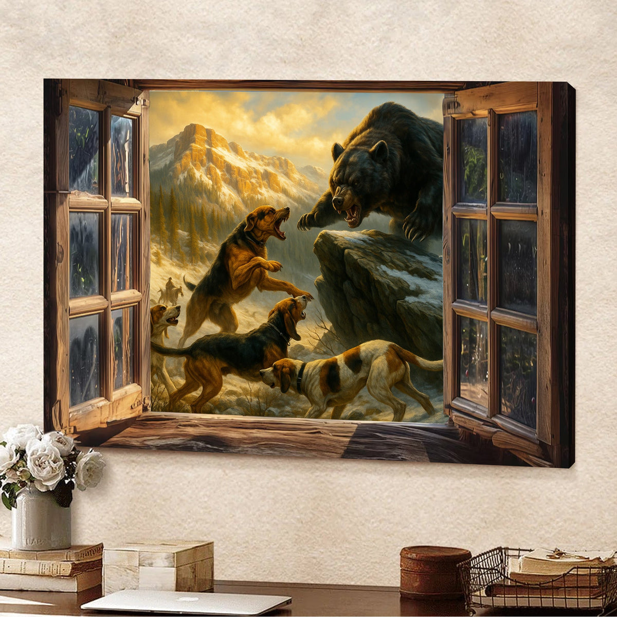 Epic Bear vs Hunting Dogs Wall Art Canvas – Western Mountain Wildlife Battle Painting for Hunters’ Cabin