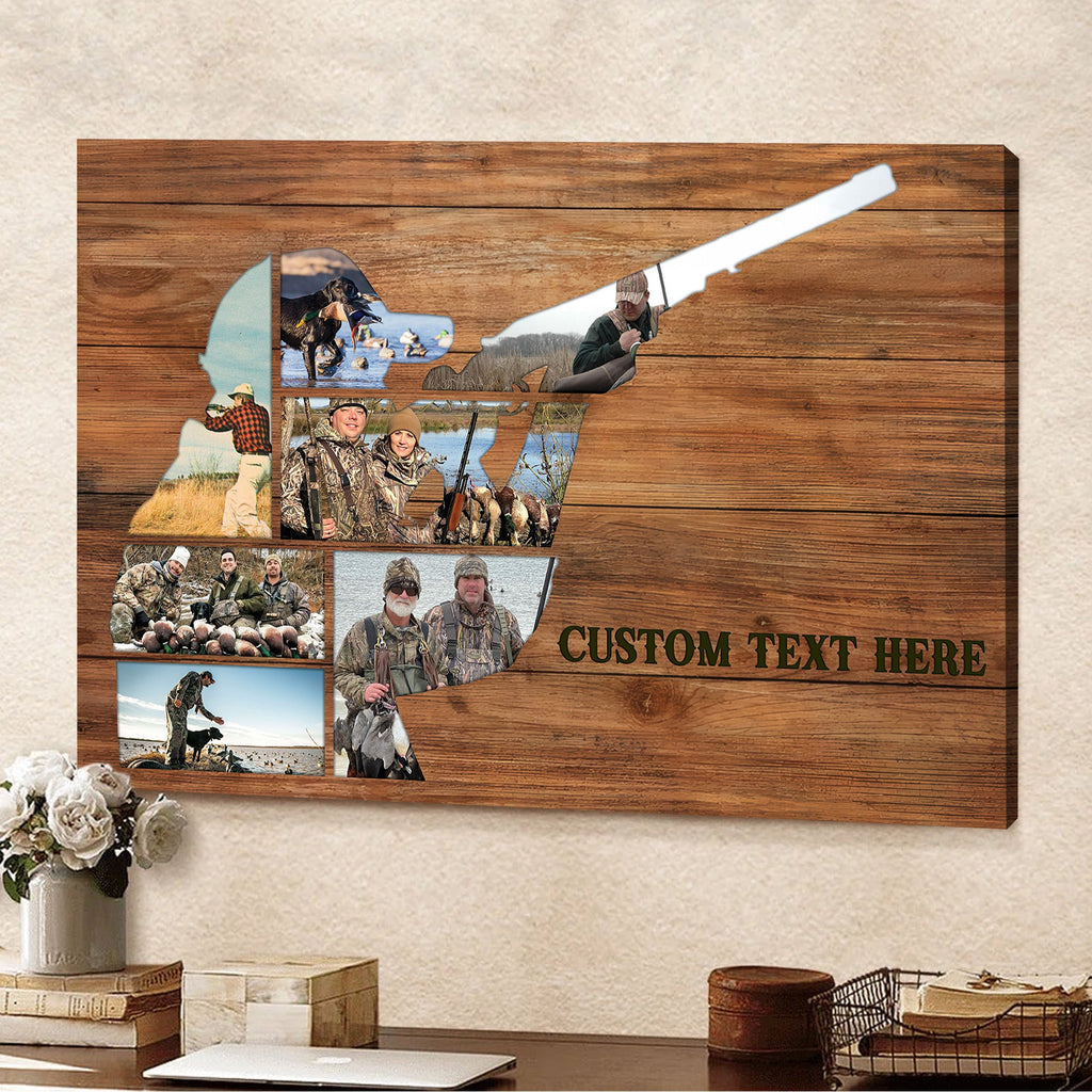 Custom Photo Hunting Collage Canvas, Hunter Silhouette on Rustic Wood, Personalized Camo Gift Wall Art