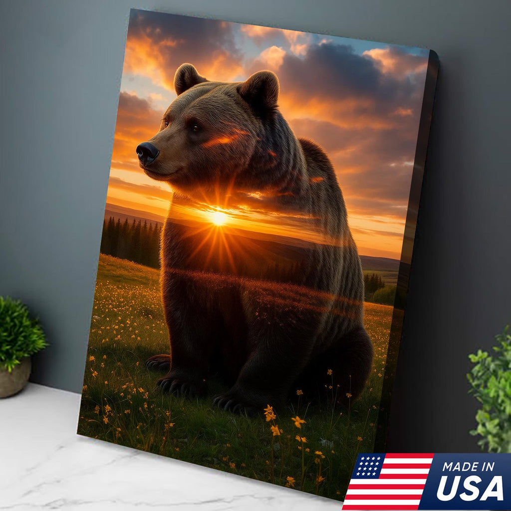 Sunset Bear Canvas Wall Art, Majestic Brown Bear Nature Landscape Print