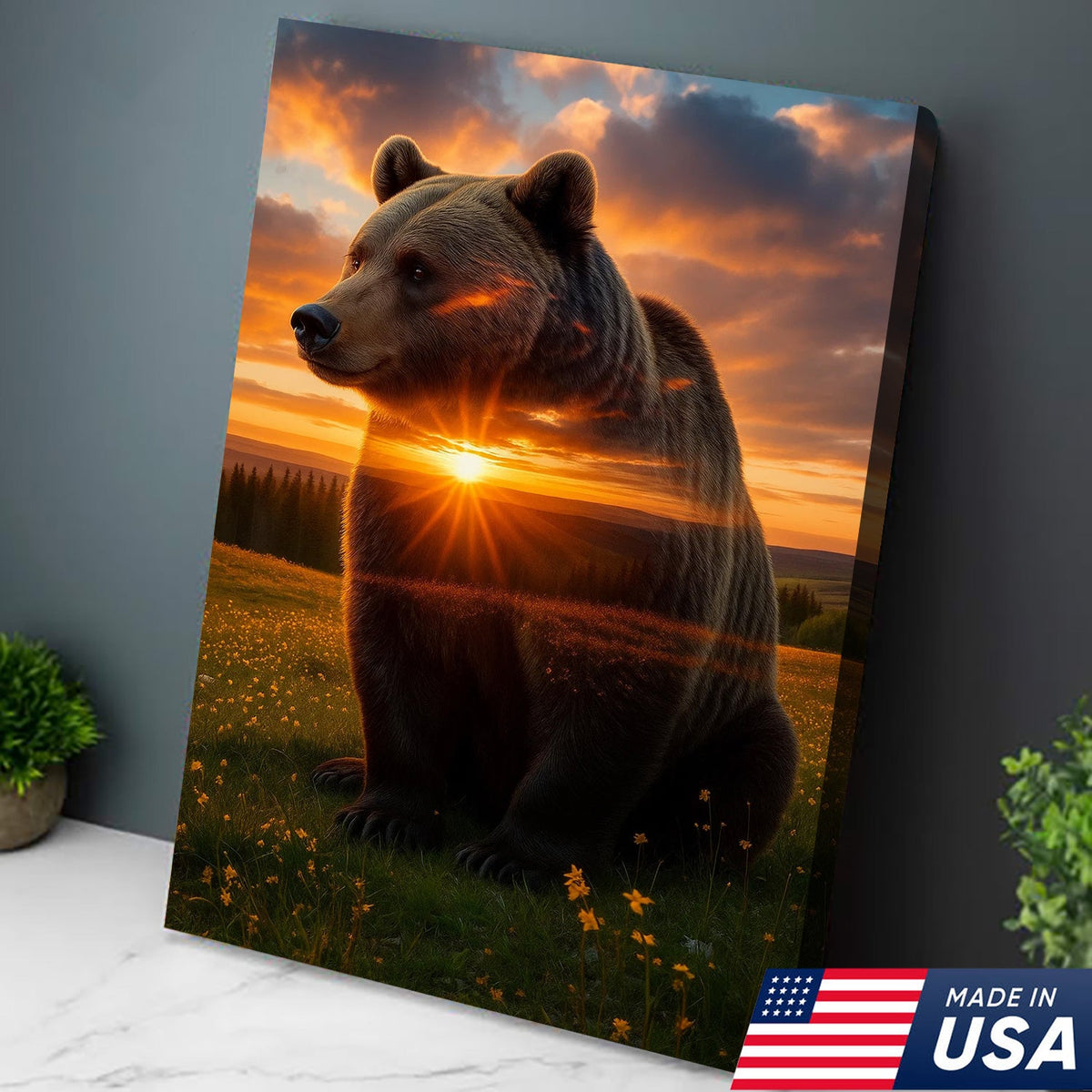 Sunset Bear Canvas Wall Art, Majestic Brown Bear Nature Landscape Print