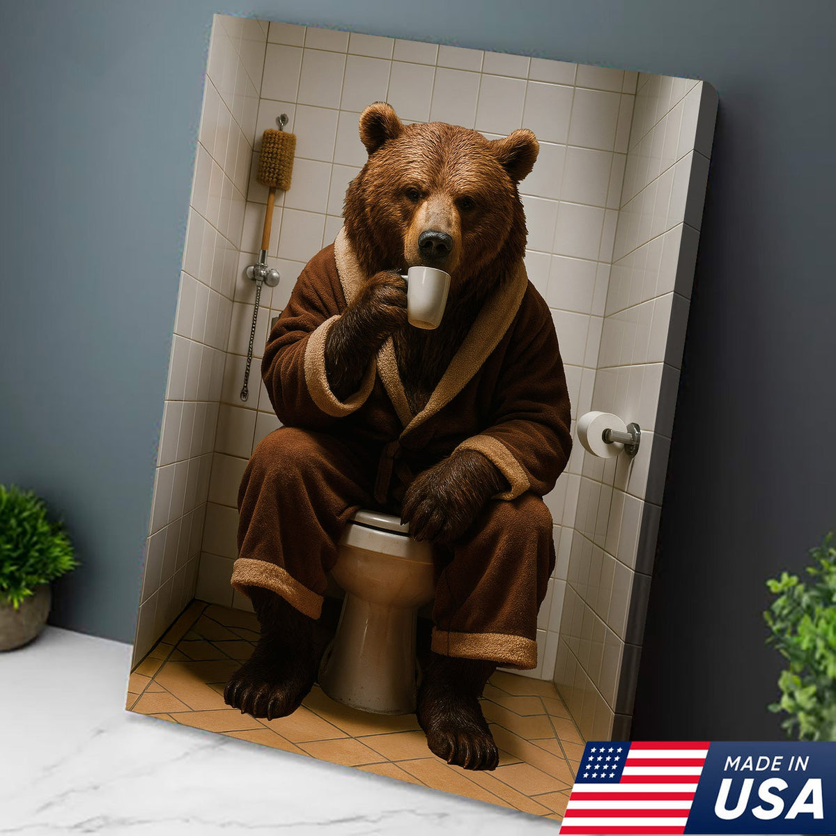 Hilarious Bear Toilet Canvas Wall Art – Morning Coffee, Quirky Bathroom Humor