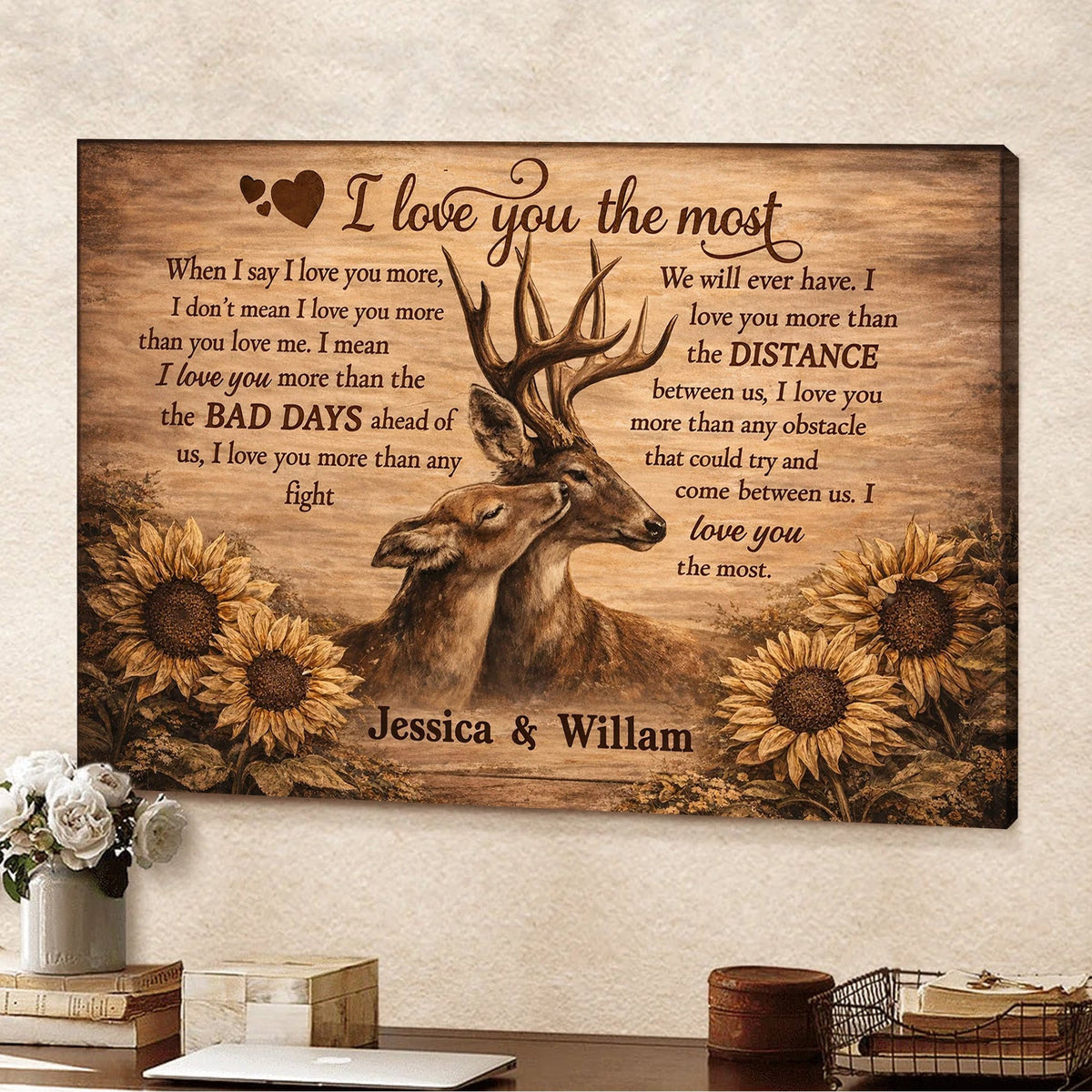 Personalized I Love You the Most Deer Canvas Wall Art, Custom Couple Love Quote Artwork