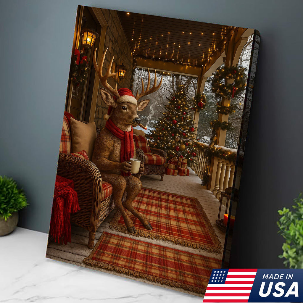 Christmas Deer Porch Canvas Wall Art, Cozy Cabin Reindeer With Scarf Holiday Print