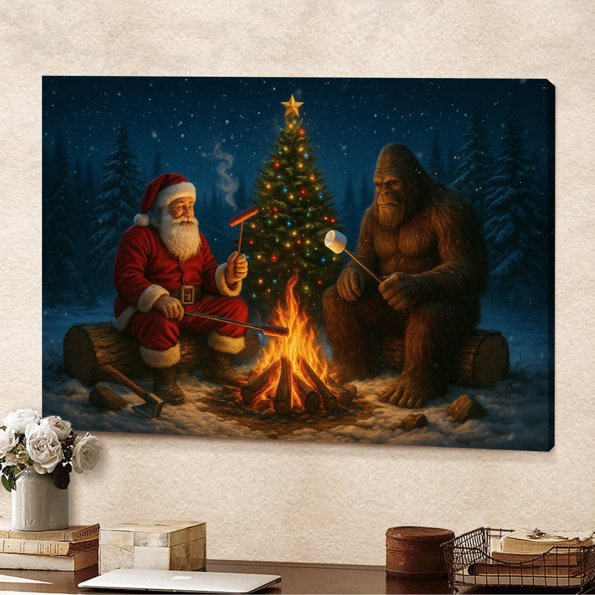 Santa & Bigfoot Sasquatch Campfire Christmas Canvas Wall Art, Funny Winter Forest Scene