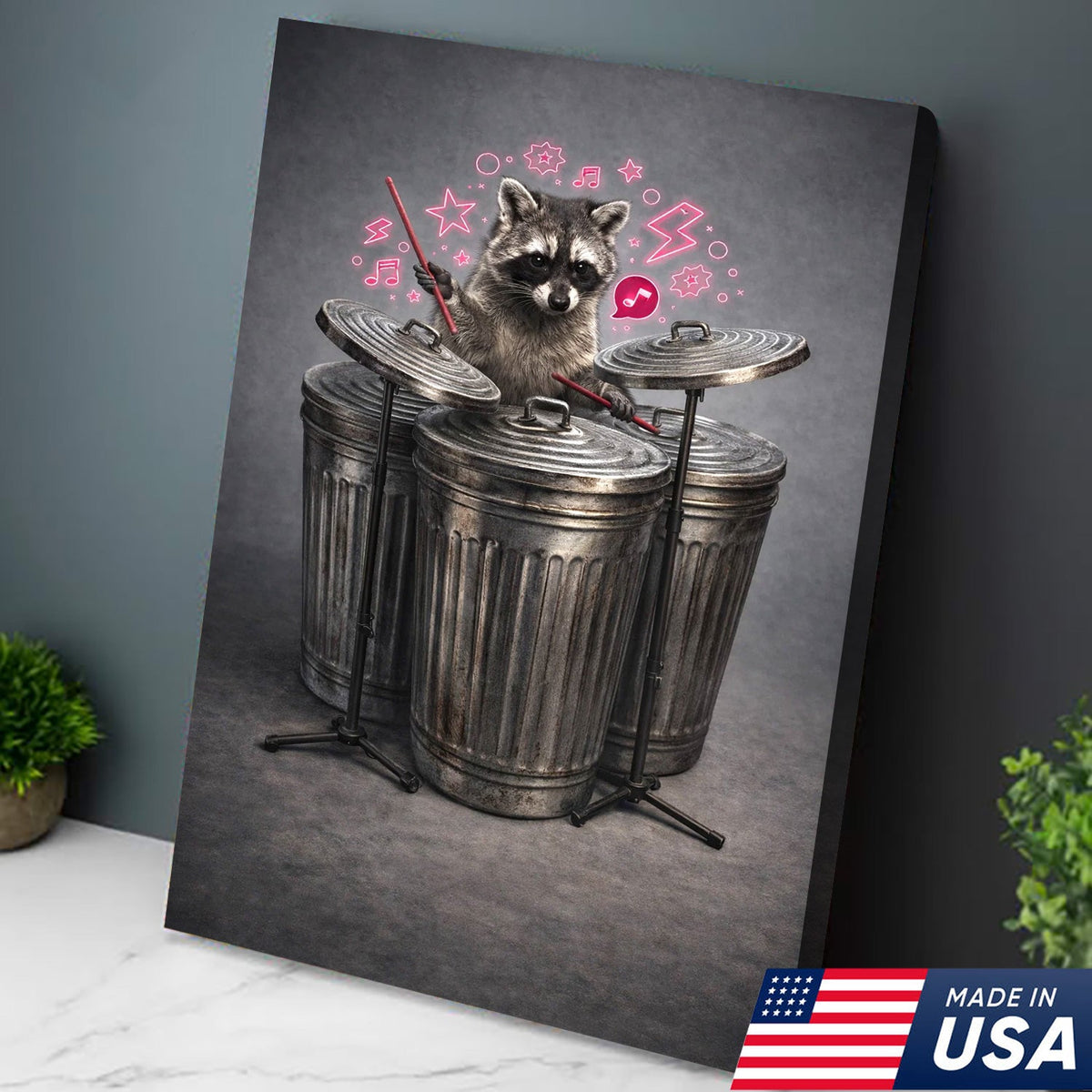 Funny Drummer Raccoon Wall Art Canvas Print, Music Lover Animal Illustration